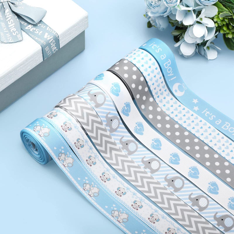 Ysleen 8 Roll Baby Elephant Grosgrain Ribbon 7/8 Inch Baby Shower Craft Ribbon It's a Boy/Girl Foot Print Ribbon for Gift Wrapping Baby Shower Gender Reveal Party Diaper Cake Decor  40 Yard Total (Blue) - Image 4